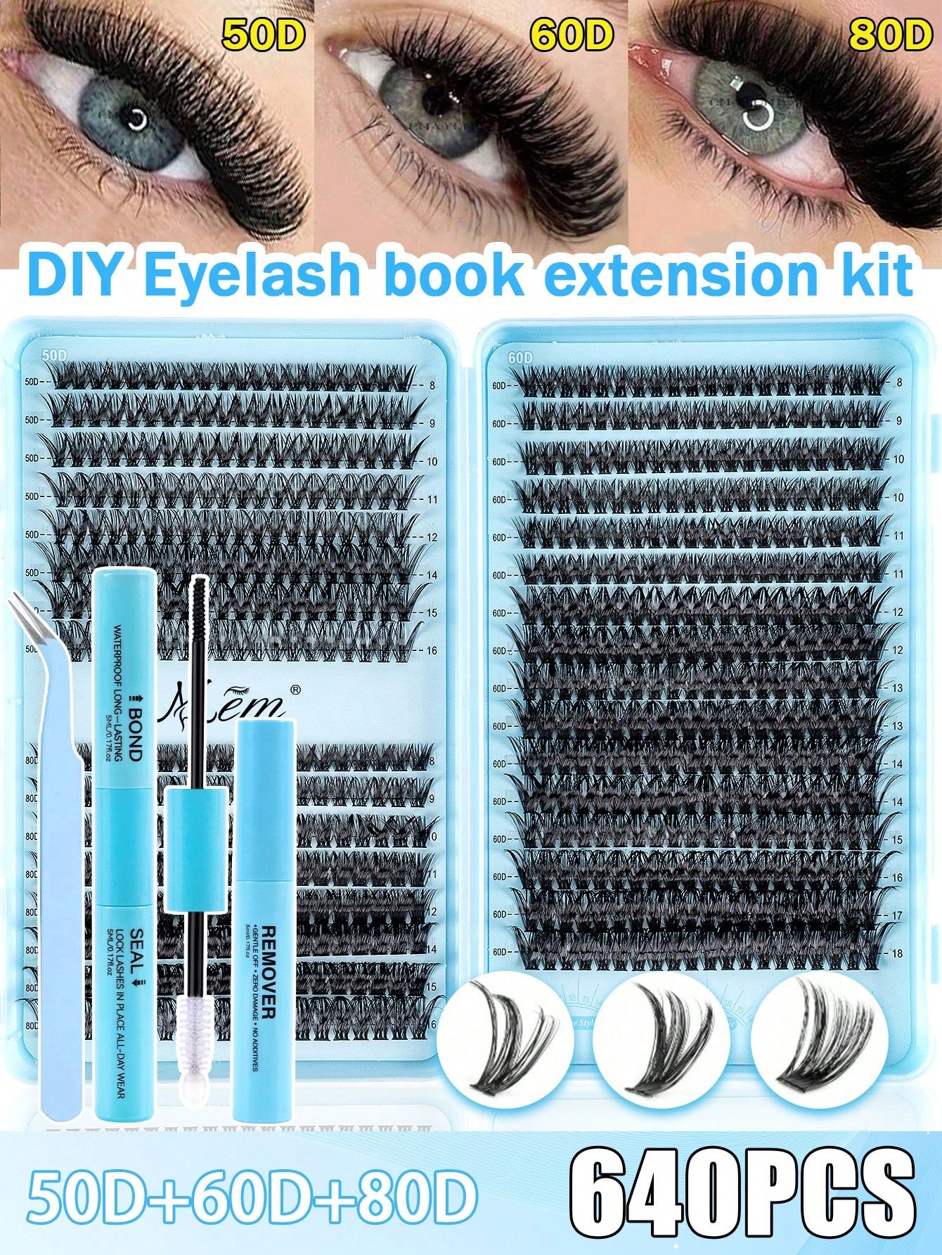 640pcs Cluster False Eyelashes, Thick Curled Eyelash Extension Kit, D-Curl 8-16mm Mixed Length, DIY Eyelash Extension Set With Tutorial, Fluffy Soft Individual Lashes, Create Voluminous Natural Y2K Bu