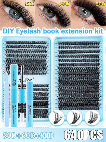 640pcs Cluster False Eyelashes, Thick Curled Eyelash Extension Kit, D-Curl 8-16mm Mixed Length, DIY Eyelash Extension Set With Tutorial, Fluffy Soft Individual Lashes, Create Voluminous Natural Y2K Bu
