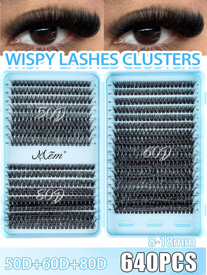 640pcs Cluster False Eyelashes, Thick Curled Eyelash Extension Kit, D-Curl 8-16mm Mixed Length, DIY Eyelash Extension Set With Tutorial, Fluffy Soft Individual Lashes, Create Voluminous Natural Y2K Bu
