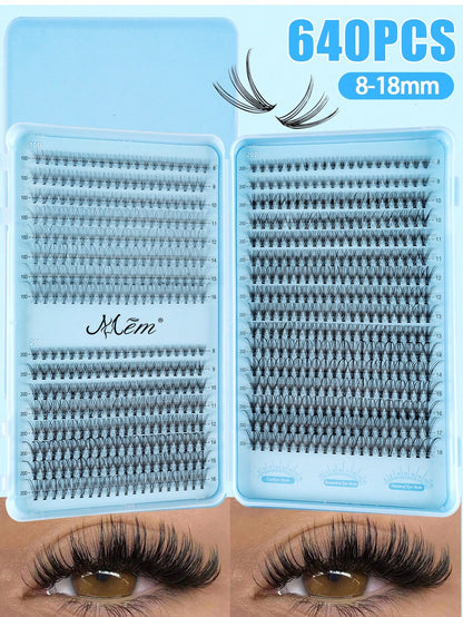 640pcs Cluster False Eyelashes, Thick Curled Eyelash Extension Kit, D-Curl 8-16mm Mixed Length, DIY Eyelash Extension Set With Tutorial, Fluffy Soft Individual Lashes, Create Voluminous Natural Y2K Bu