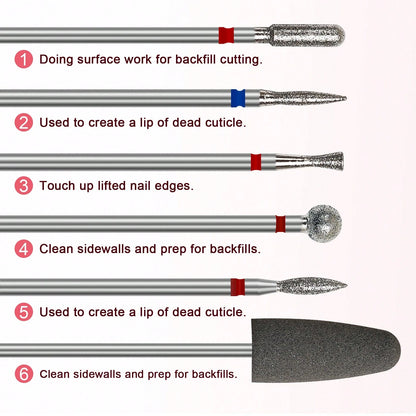 6pcs Diamond Nail Drill Bit Set, Electroplated Wear-Resistant Nail Rotary Cutting Heads, Multi-Shape Nail Grinding Head Kit, Suitable For Nail Drills, Cuticle Removal