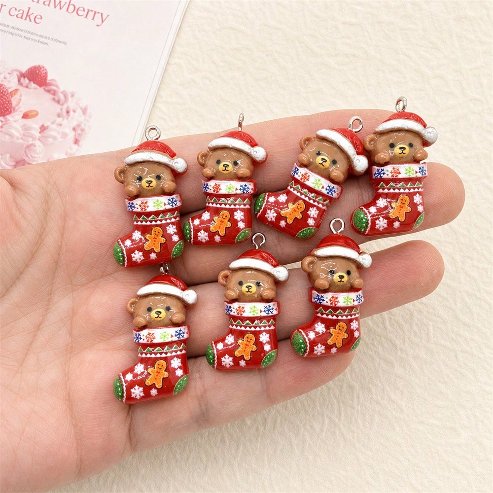 6pcs Resin Christmas Sock Bear Pendants, Suitable For DIY Jewelry Making, Perfect For Party Accessories, Earrings, Necklaces, Bag Charms