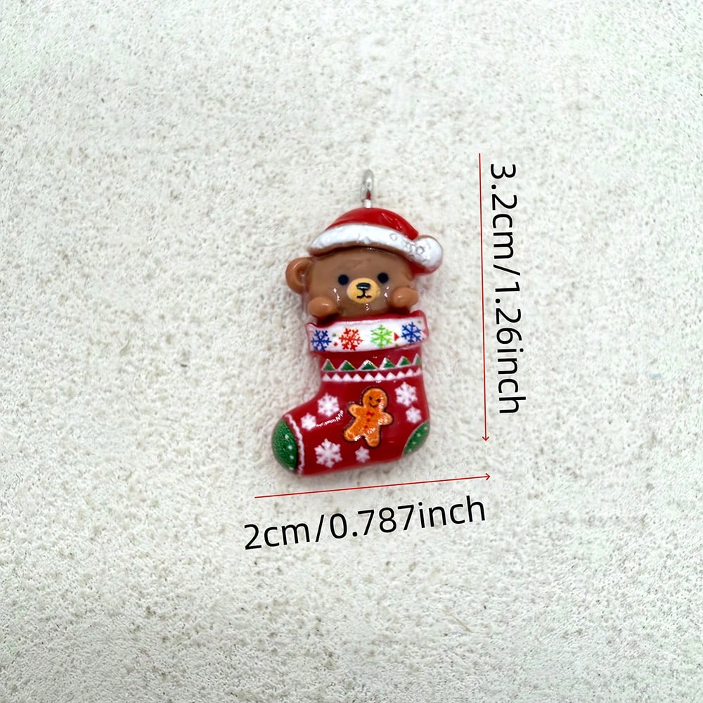 6pcs Resin Christmas Sock Bear Pendants, Suitable For DIY Jewelry Making, Perfect For Party Accessories, Earrings, Necklaces, Bag Charms