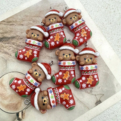 6pcs Resin Christmas Sock Bear Pendants, Suitable For DIY Jewelry Making, Perfect For Party Accessories, Earrings, Necklaces, Bag Charms