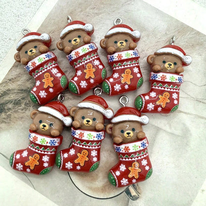 6pcs Resin Christmas Sock Bear Pendants, Suitable For DIY Jewelry Making, Perfect For Party Accessories, Earrings, Necklaces, Bag Charms