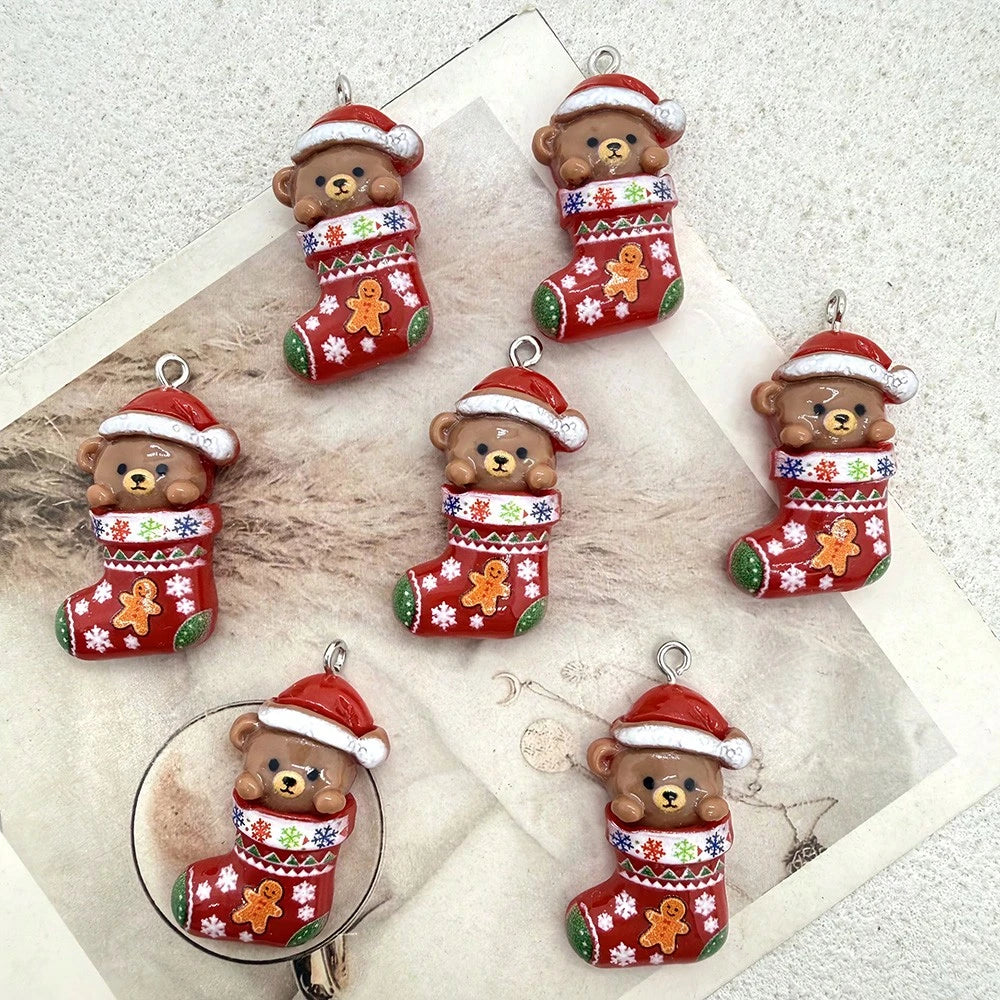6pcs Resin Christmas Sock Bear Pendants, Suitable For DIY Jewelry Making, Perfect For Party Accessories, Earrings, Necklaces, Bag Charms