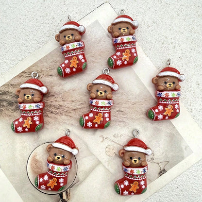 6pcs Resin Christmas Sock Bear Pendants, Suitable For DIY Jewelry Making, Perfect For Party Accessories, Earrings, Necklaces, Bag Charms