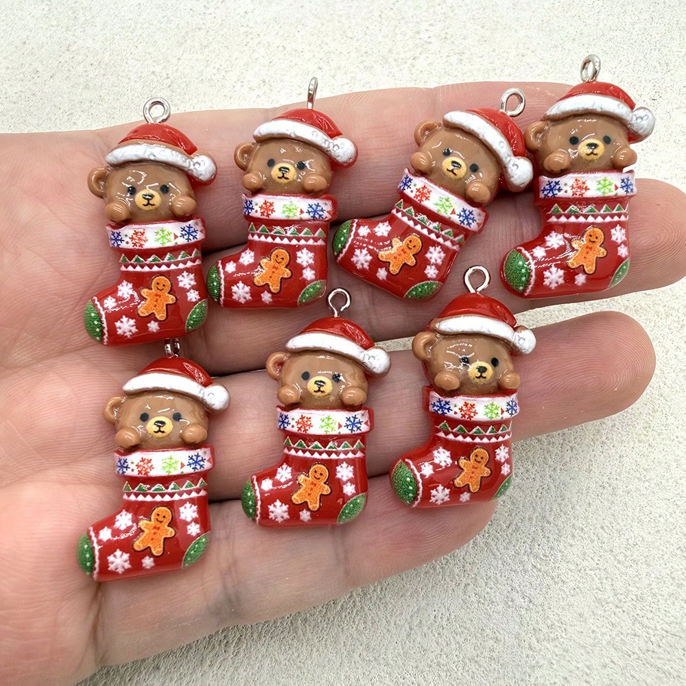 6pcs Resin Christmas Sock Bear Pendants, Suitable For DIY Jewelry Making, Perfect For Party Accessories, Earrings, Necklaces, Bag Charms