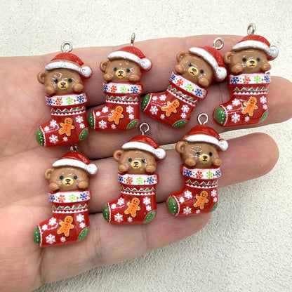 6pcs Resin Christmas Sock Bear Pendants, Suitable For DIY Jewelry Making, Perfect For Party Accessories, Earrings, Necklaces, Bag Charms