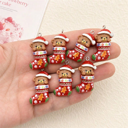 6pcs Resin Christmas Sock Bear Pendants, Suitable For DIY Jewelry Making, Perfect For Party Accessories, Earrings, Necklaces, Bag Charms