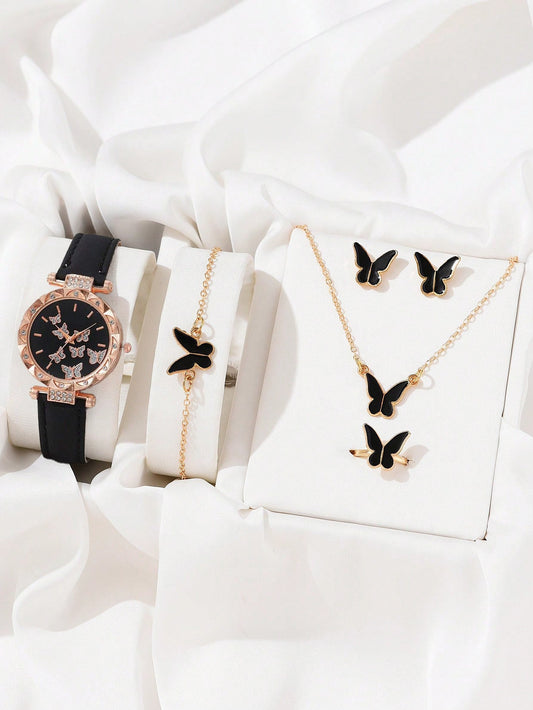 6pcs Set: Fashionable Minimalist Round Arabic Heart-Shaped Quartz Watch + Butterfly Jewelry Set/Heart Diamond Set/Teardrop Diamond Set (Ring, Earrings, Bracelet, Necklace), Best Gift For Halloween, Ch