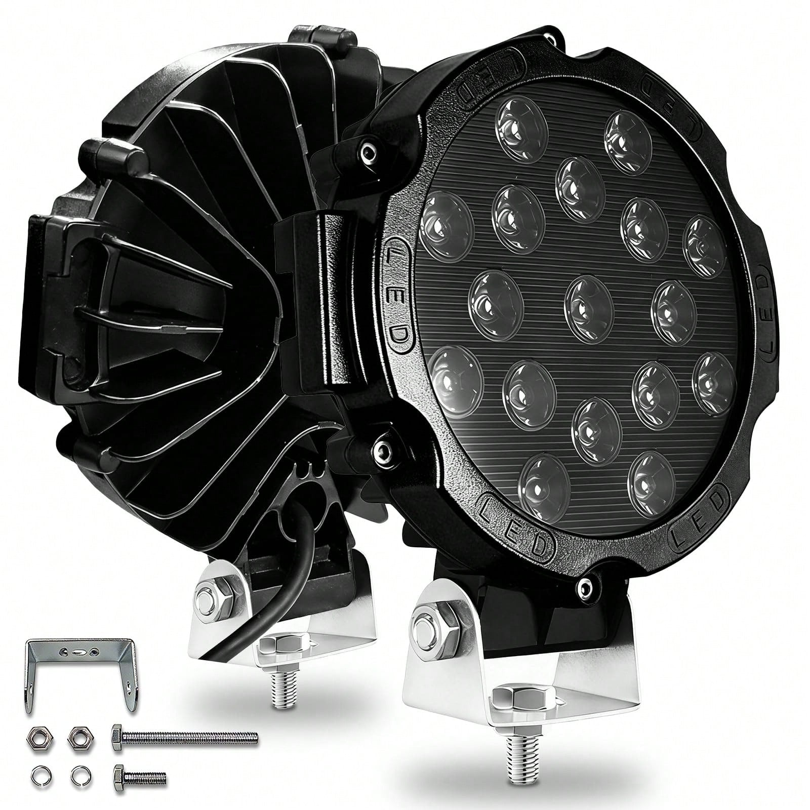 7 Inch 51W LED Light Bar 2PCS Red Round Flood Light Pods 5100LM Off Road Fog Driving Lights, Waterproof Work Light For Truck SUV ATV UTV Bumper Roof