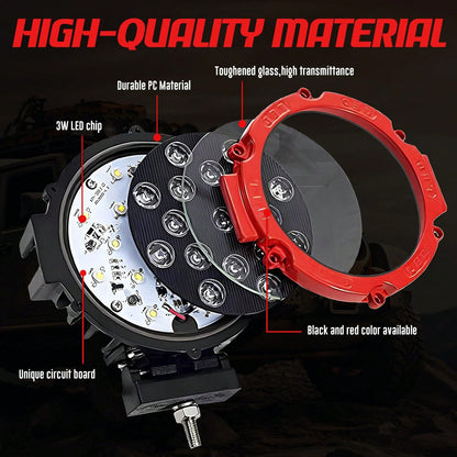 7 Inch 51W LED Light Bar 2PCS Red Round Flood Light Pods 5100LM Off Road Fog Driving Lights, Waterproof Work Light For Truck SUV ATV UTV Bumper Roof