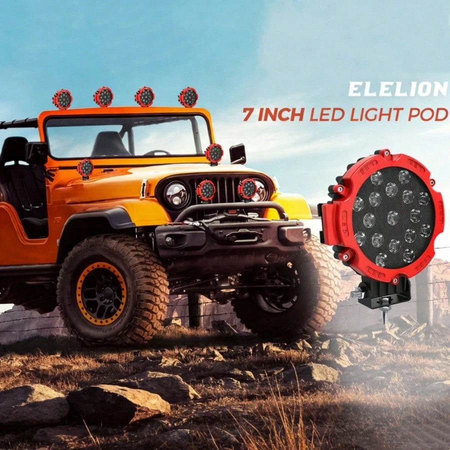 7 Inch 51W LED Light Bar 2PCS Red Round Flood Light Pods 5100LM Off Road Fog Driving Lights, Waterproof Work Light For Truck SUV ATV UTV Bumper Roof