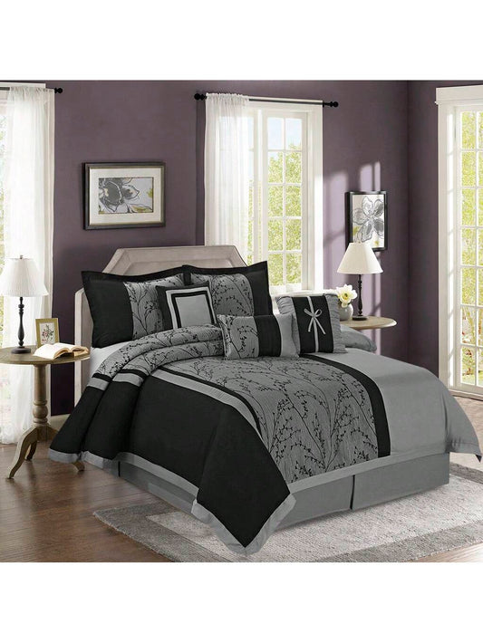 7 Piece Jacquard Patchwork Comforter Set, Floral Pattern- Breathable Bedding Set Queen/King