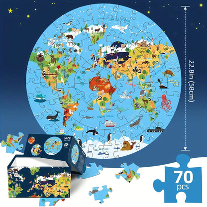 70pcs World Map Round Floor Puzzle, Blue Cartoon Animal Jigsaw Puzzle With Premium Poster, Develops Hand-Eye Coordination, Best Gift For Boys And Girls 3+ Years Old