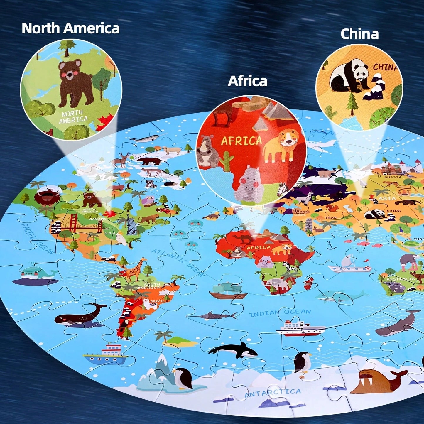 70pcs World Map Round Floor Puzzle, Blue Cartoon Animal Jigsaw Puzzle With Premium Poster, Develops Hand-Eye Coordination, Best Gift For Boys And Girls 3+ Years Old