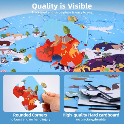 70pcs World Map Round Floor Puzzle, Blue Cartoon Animal Jigsaw Puzzle With Premium Poster, Develops Hand-Eye Coordination, Best Gift For Boys And Girls 3+ Years Old