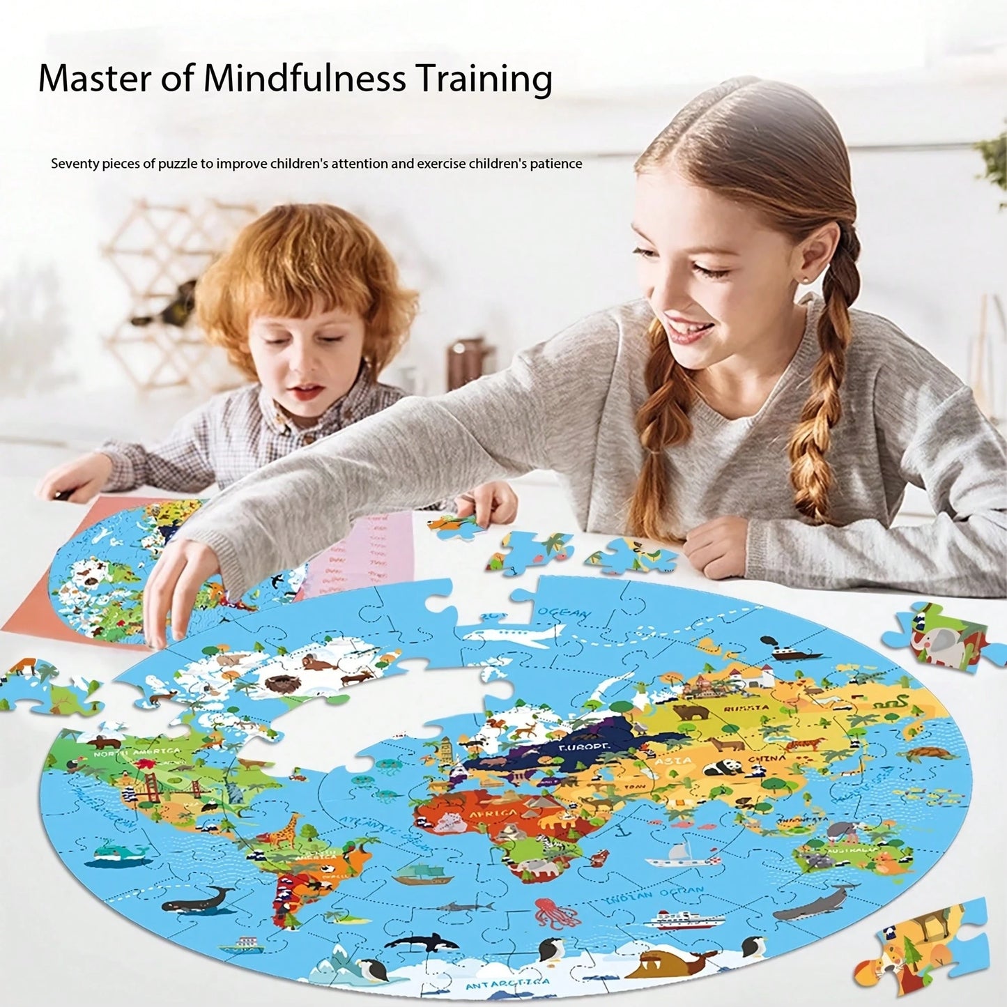70pcs World Map Round Floor Puzzle, Blue Cartoon Animal Jigsaw Puzzle With Premium Poster, Develops Hand-Eye Coordination, Best Gift For Boys And Girls 3+ Years Old