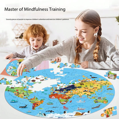 70pcs World Map Round Floor Puzzle, Blue Cartoon Animal Jigsaw Puzzle With Premium Poster, Develops Hand-Eye Coordination, Best Gift For Boys And Girls 3+ Years Old