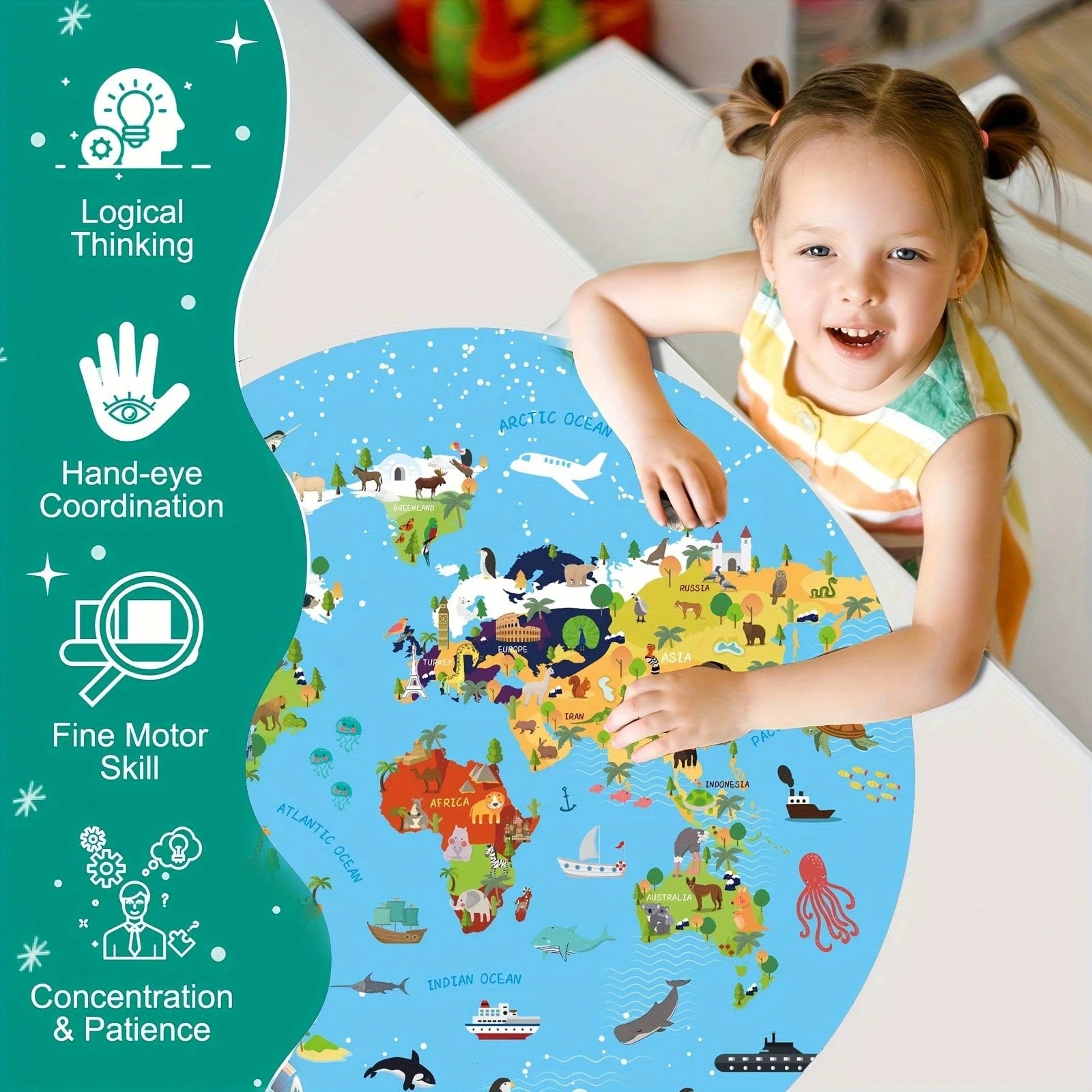 70pcs World Map Round Floor Puzzle, Blue Cartoon Animal Jigsaw Puzzle With Premium Poster, Develops Hand-Eye Coordination, Best Gift For Boys And Girls 3+ Years Old