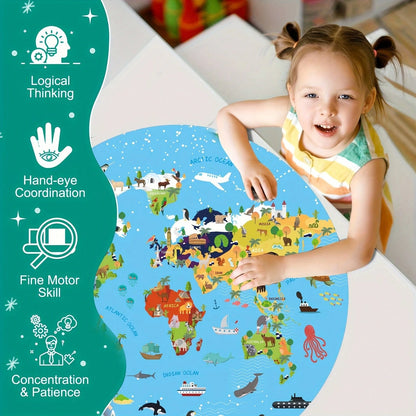 70pcs World Map Round Floor Puzzle, Blue Cartoon Animal Jigsaw Puzzle With Premium Poster, Develops Hand-Eye Coordination, Best Gift For Boys And Girls 3+ Years Old