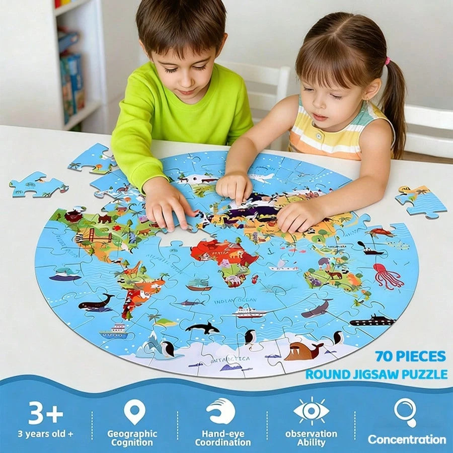 70pcs World Map Round Floor Puzzle, Blue Cartoon Animal Jigsaw Puzzle With Premium Poster, Develops Hand-Eye Coordination, Best Gift For Boys And Girls 3+ Years Old