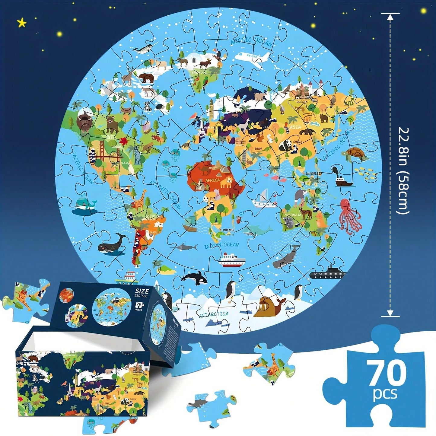 70pcs World Map Round Floor Puzzle, Blue Cartoon Animal Jigsaw Puzzle With Premium Poster, Develops Hand-Eye Coordination, Best Gift For Boys And Girls 3+ Years Old
