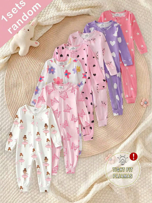 (7pcs Random 1pc) Baby Girl Long Sleeve Long Pants Zipper Jumpsuit, Pink Purple White Cartoon Funny Pattern Heart Star Ballet Girl Butterfly Colorful Flower, Comfortable Soft Casual Cute, Suitab
