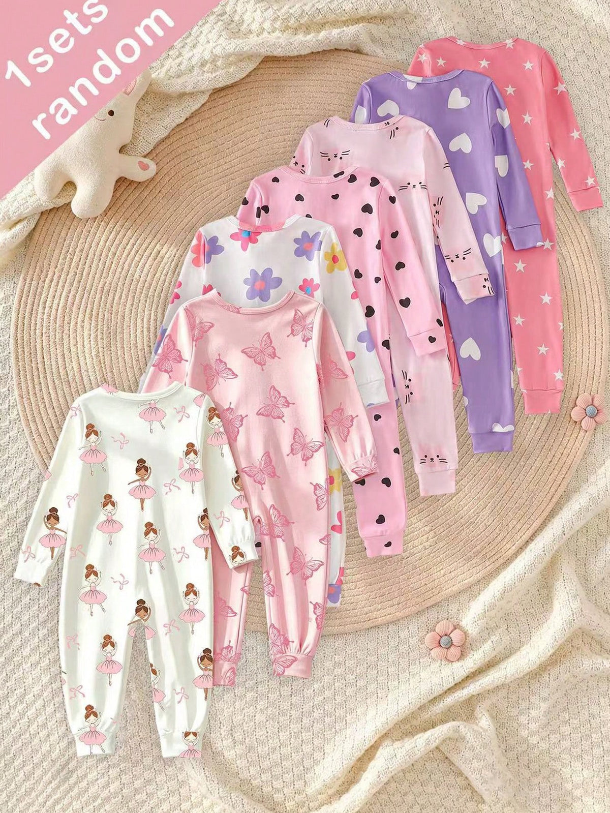 (7pcs Random 1pc) Baby Girl Long Sleeve Long Pants Zipper Jumpsuit, Pink Purple White Cartoon Funny Pattern Heart Star Ballet Girl Butterfly Colorful Flower, Comfortable Soft Casual Cute, Suitab