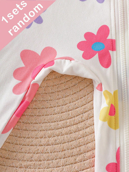 (7pcs Random 1pc) Baby Girl Long Sleeve Long Pants Zipper Jumpsuit, Pink Purple White Cartoon Funny Pattern Heart Star Ballet Girl Butterfly Colorful Flower, Comfortable Soft Casual Cute, Suitab