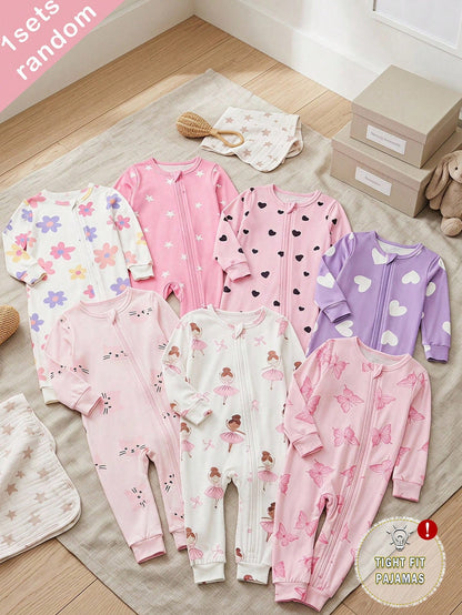 (7pcs Random 1pc) Baby Girl Long Sleeve Long Pants Zipper Jumpsuit, Pink Purple White Cartoon Funny Pattern Heart Star Ballet Girl Butterfly Colorful Flower, Comfortable Soft Casual Cute, Suitab