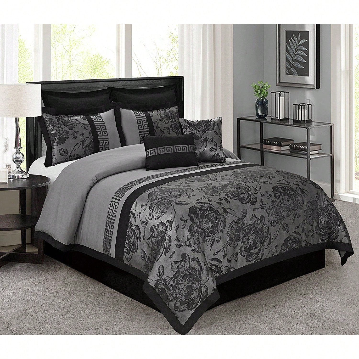 8 Piece Comforter Set Gray Jacquard Fabric Patchwork Bed In A Bag- Soft Texture, Smooth, Good Drapability-1 Comforter,2 Shams,2 Euro Shams,2 Decorative Pillows,1 Bedskirt