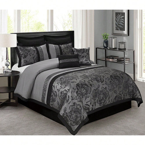8 Piece Comforter Set Gray Jacquard Fabric Patchwork Bed In A Bag- Soft Texture, Smooth, Good Drapability-1 Comforter,2 Shams,2 Euro Shams,2 Decorative Pillows,1 Bedskirt