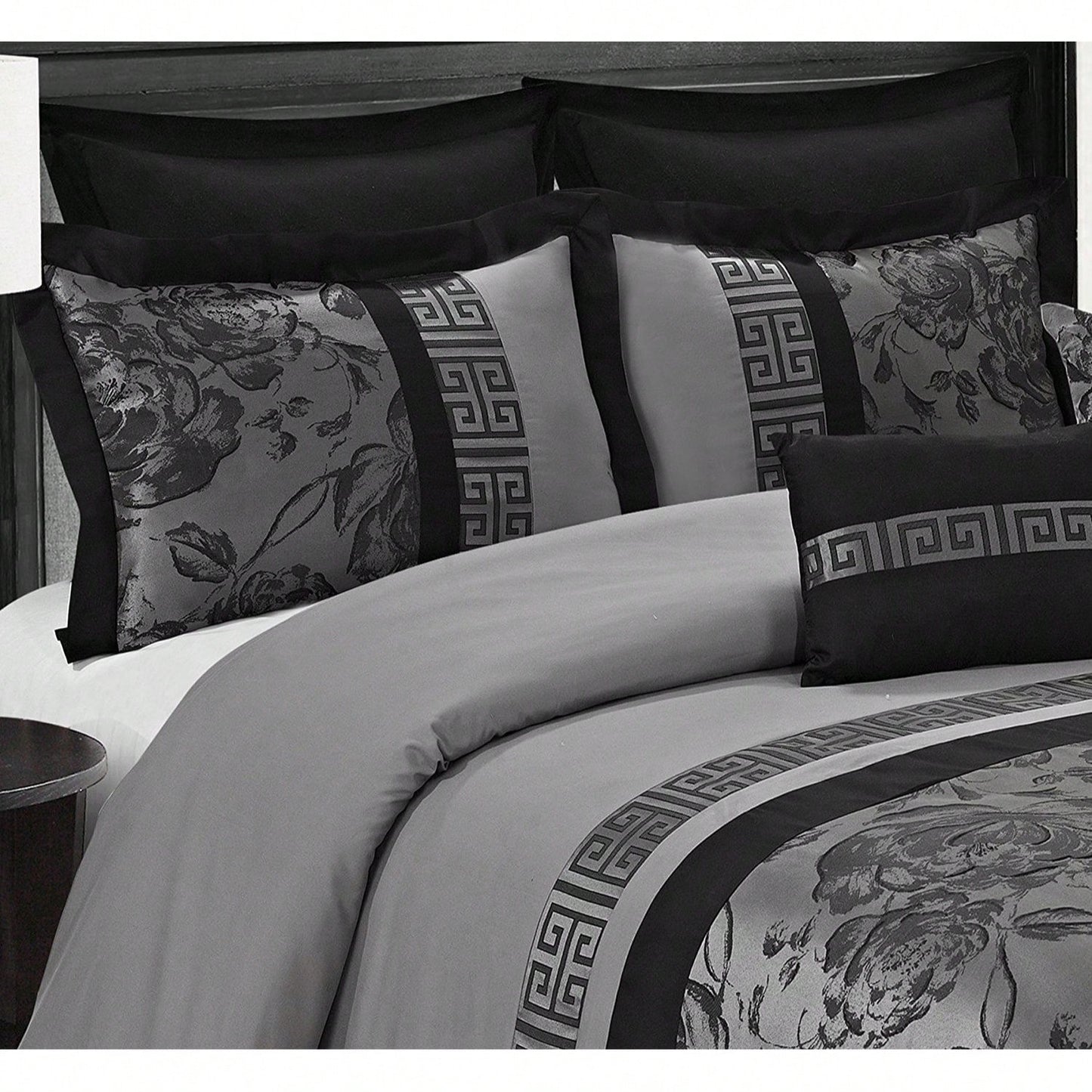 8 Piece Comforter Set Gray Jacquard Fabric Patchwork Bed In A Bag- Soft Texture, Smooth, Good Drapability-1 Comforter,2 Shams,2 Euro Shams,2 Decorative Pillows,1 Bedskirt