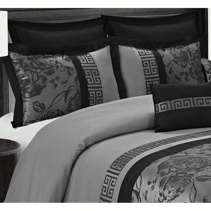 8 Piece Comforter Set Gray Jacquard Fabric Patchwork Bed In A Bag- Soft Texture, Smooth, Good Drapability-1 Comforter,2 Shams,2 Euro Shams,2 Decorative Pillows,1 Bedskirt