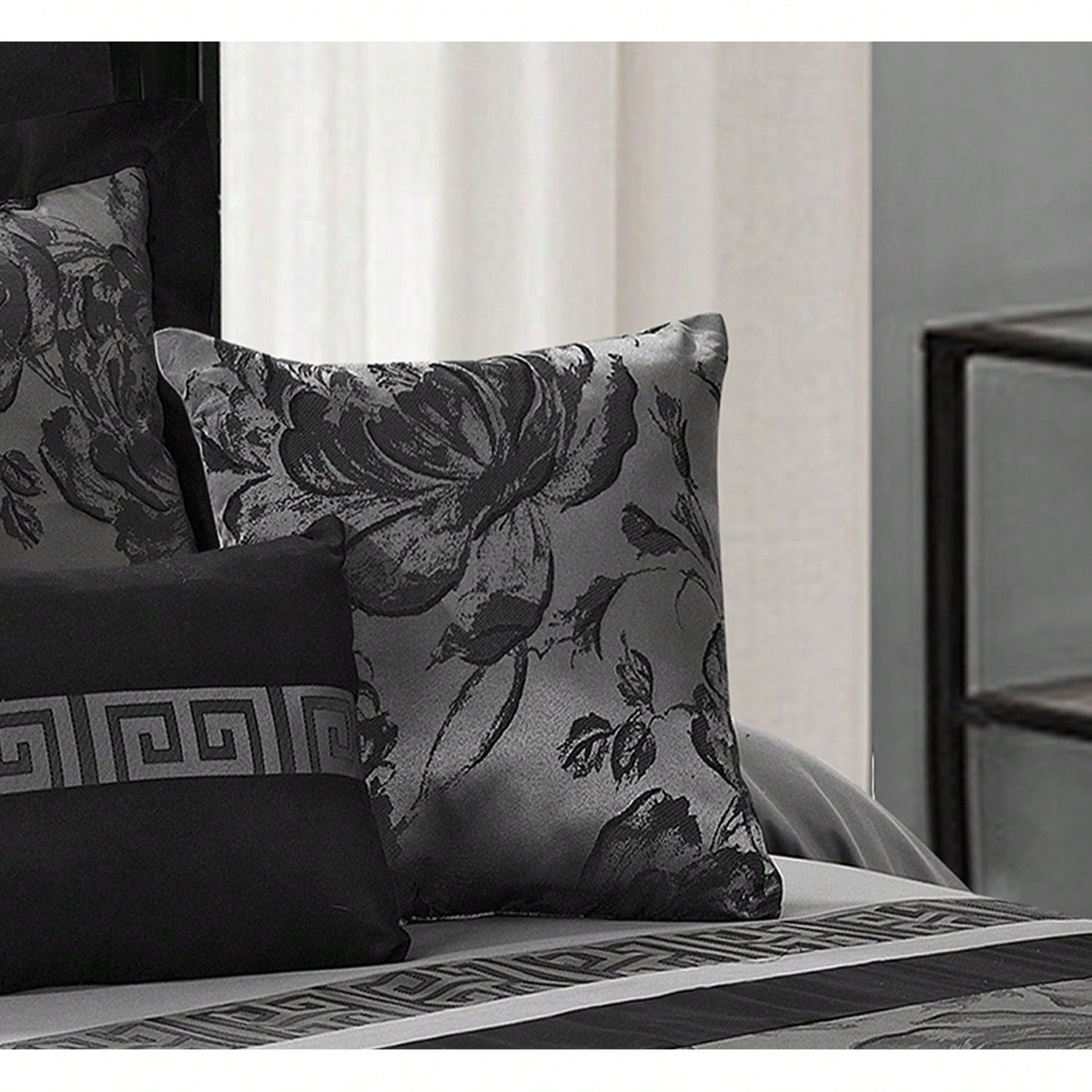 8 Piece Comforter Set Gray Jacquard Fabric Patchwork Bed In A Bag- Soft Texture, Smooth, Good Drapability-1 Comforter,2 Shams,2 Euro Shams,2 Decorative Pillows,1 Bedskirt