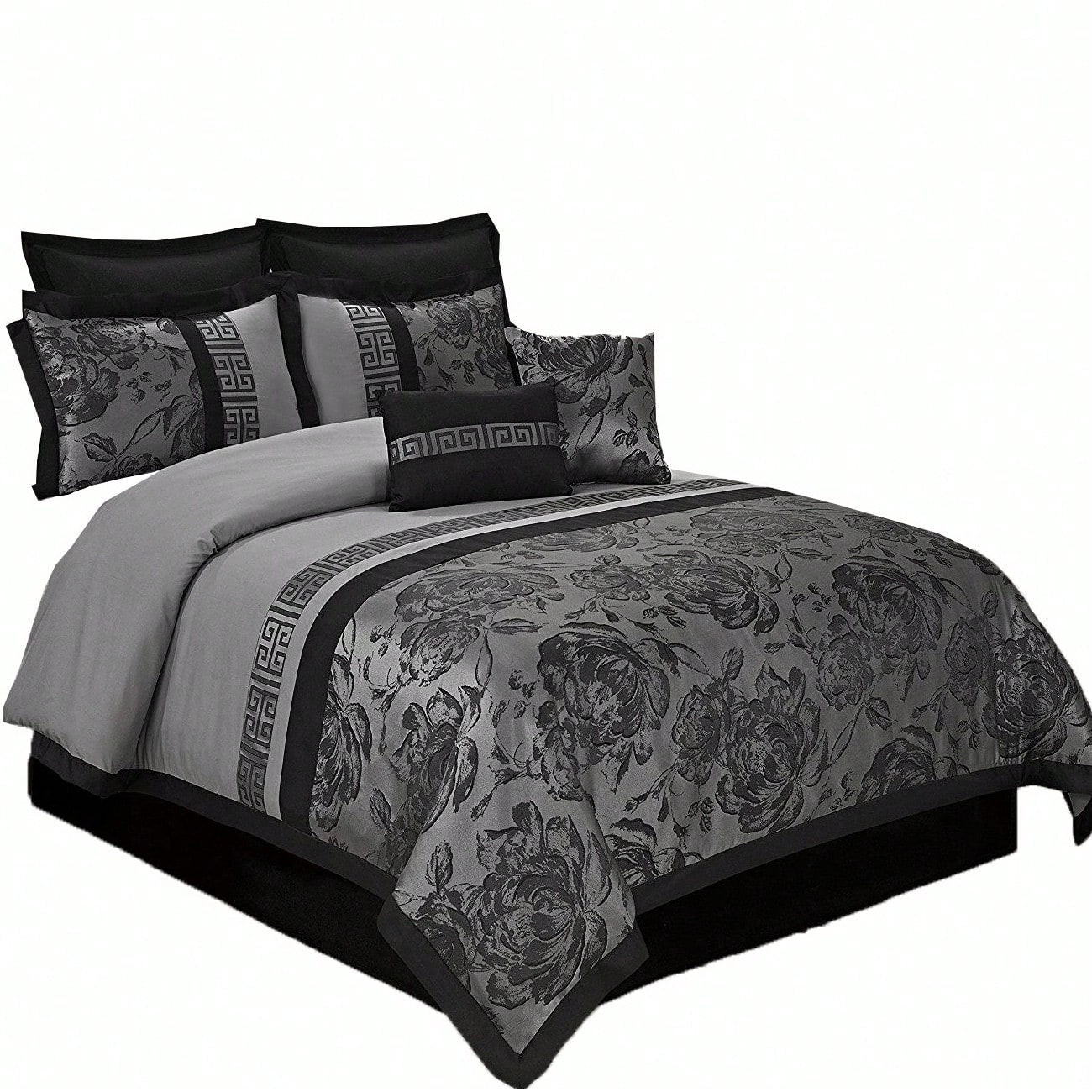 8 Piece Comforter Set Gray Jacquard Fabric Patchwork Bed In A Bag- Soft Texture, Smooth, Good Drapability-1 Comforter,2 Shams,2 Euro Shams,2 Decorative Pillows,1 Bedskirt