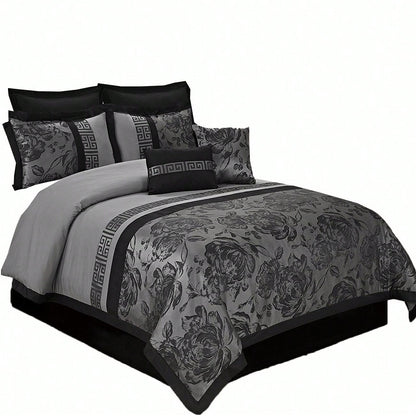8 Piece Comforter Set Gray Jacquard Fabric Patchwork Bed In A Bag- Soft Texture, Smooth, Good Drapability-1 Comforter,2 Shams,2 Euro Shams,2 Decorative Pillows,1 Bedskirt