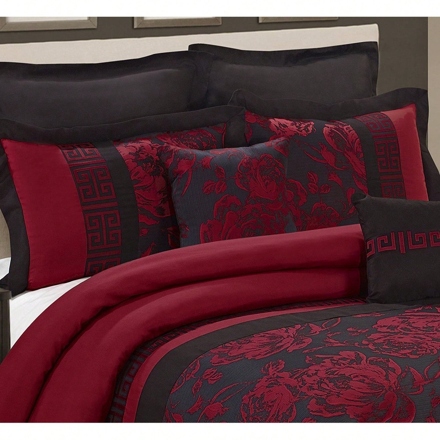8 Piece Comforter Set Gray Jacquard Fabric Patchwork Bed In A Bag- Soft Texture, Smooth, Good Drapability-1 Comforter,2 Shams,2 Euro Shams,2 Decorative Pillows,1 Bedskirt