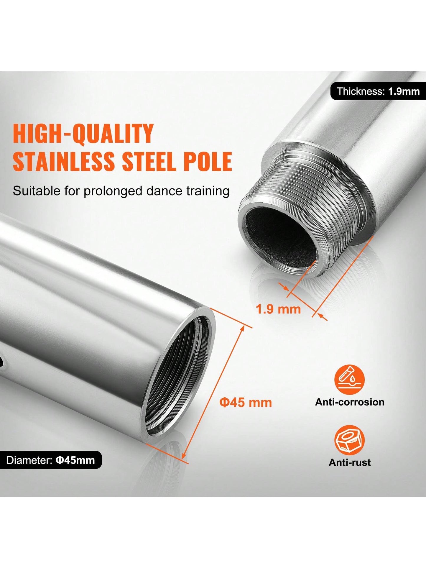85-106in Silver Professional Dancing Pole, Spinning Static Dancing Pole Kit, Portable Removable Pole, 45mm Heavy-Duty Stainless Steel Pole, Height Adjustable Fitness Pole, For Exercise Home Club Gym