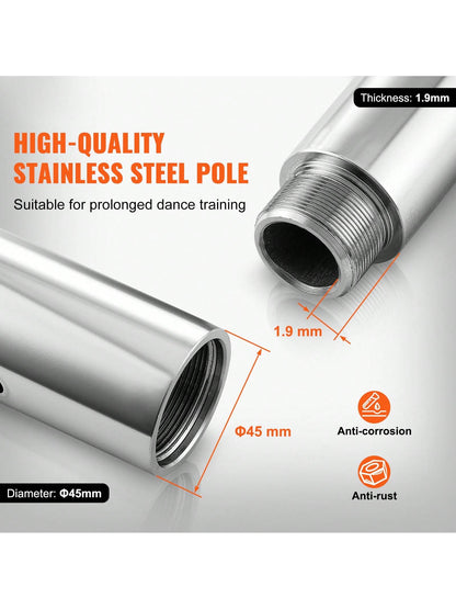 85-106in Silver Professional Dancing Pole, Spinning Static Dancing Pole Kit, Portable Removable Pole, 45mm Heavy-Duty Stainless Steel Pole, Height Adjustable Fitness Pole, For Exercise Home Club Gym