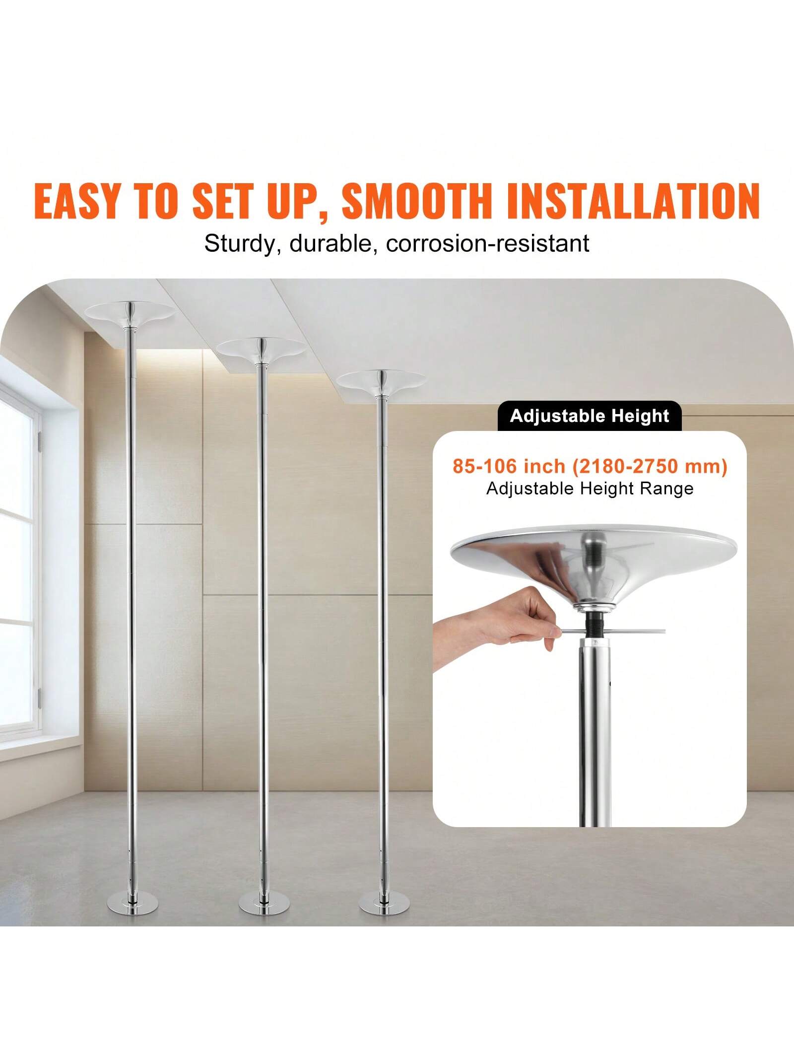 85-106in Silver Professional Dancing Pole, Spinning Static Dancing Pole Kit, Portable Removable Pole, 45mm Heavy-Duty Stainless Steel Pole, Height Adjustable Fitness Pole, For Exercise Home Club Gym