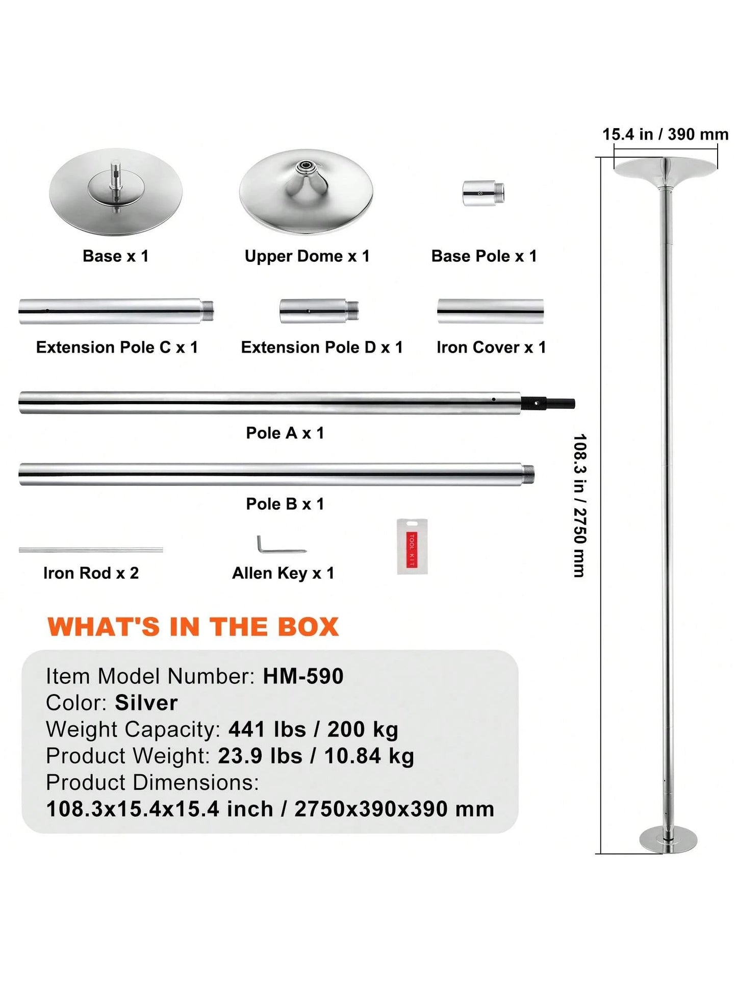 85-106in Silver Professional Dancing Pole, Spinning Static Dancing Pole Kit, Portable Removable Pole, 45mm Heavy-Duty Stainless Steel Pole, Height Adjustable Fitness Pole, For Exercise Home Club Gym