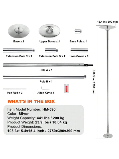 85-106in Silver Professional Dancing Pole, Spinning Static Dancing Pole Kit, Portable Removable Pole, 45mm Heavy-Duty Stainless Steel Pole, Height Adjustable Fitness Pole, For Exercise Home Club Gym