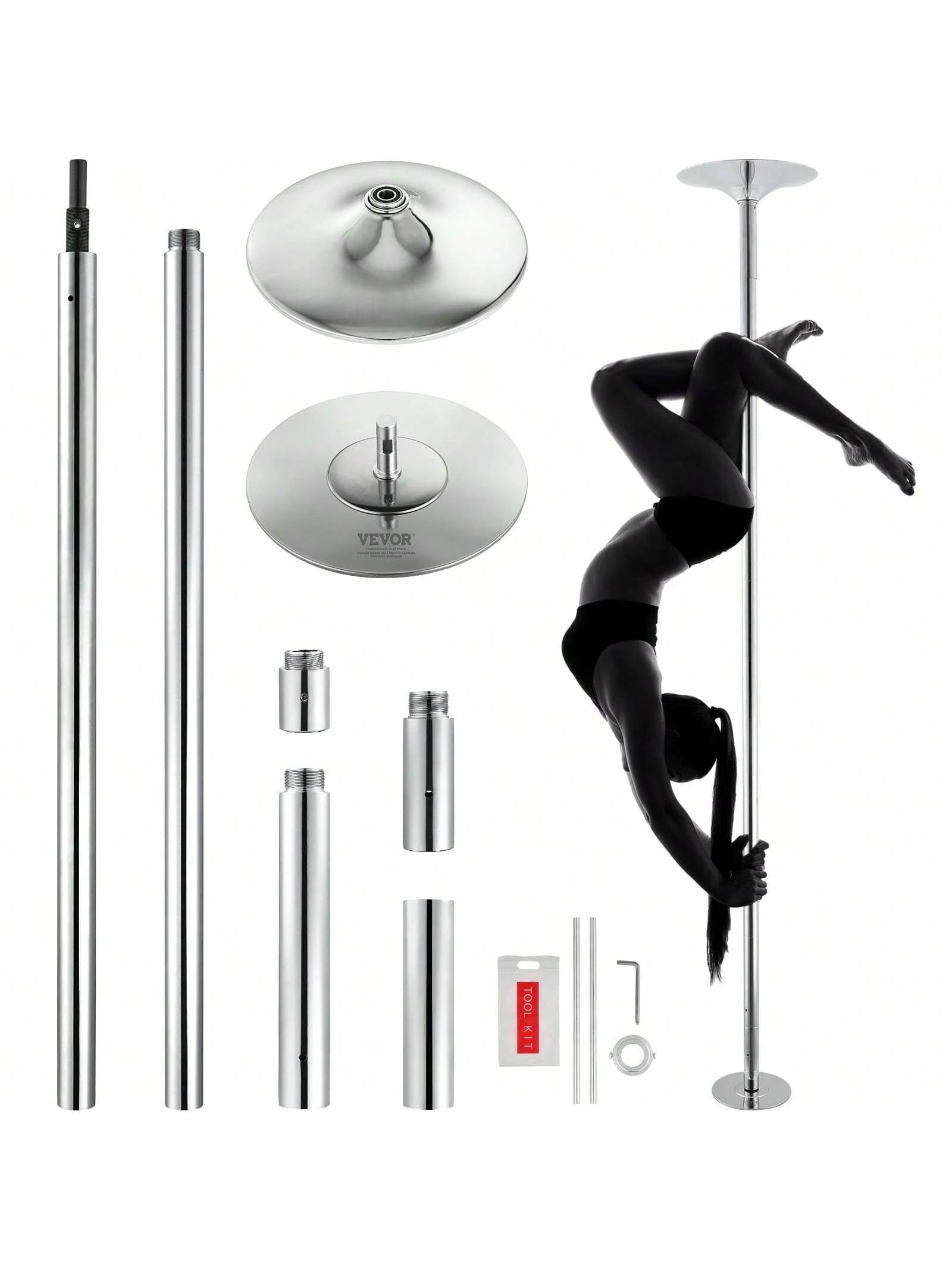 85-106in Silver Professional Dancing Pole, Spinning Static Dancing Pole Kit, Portable Removable Pole, 45mm Heavy-Duty Stainless Steel Pole, Height Adjustable Fitness Pole, For Exercise Home Club Gym