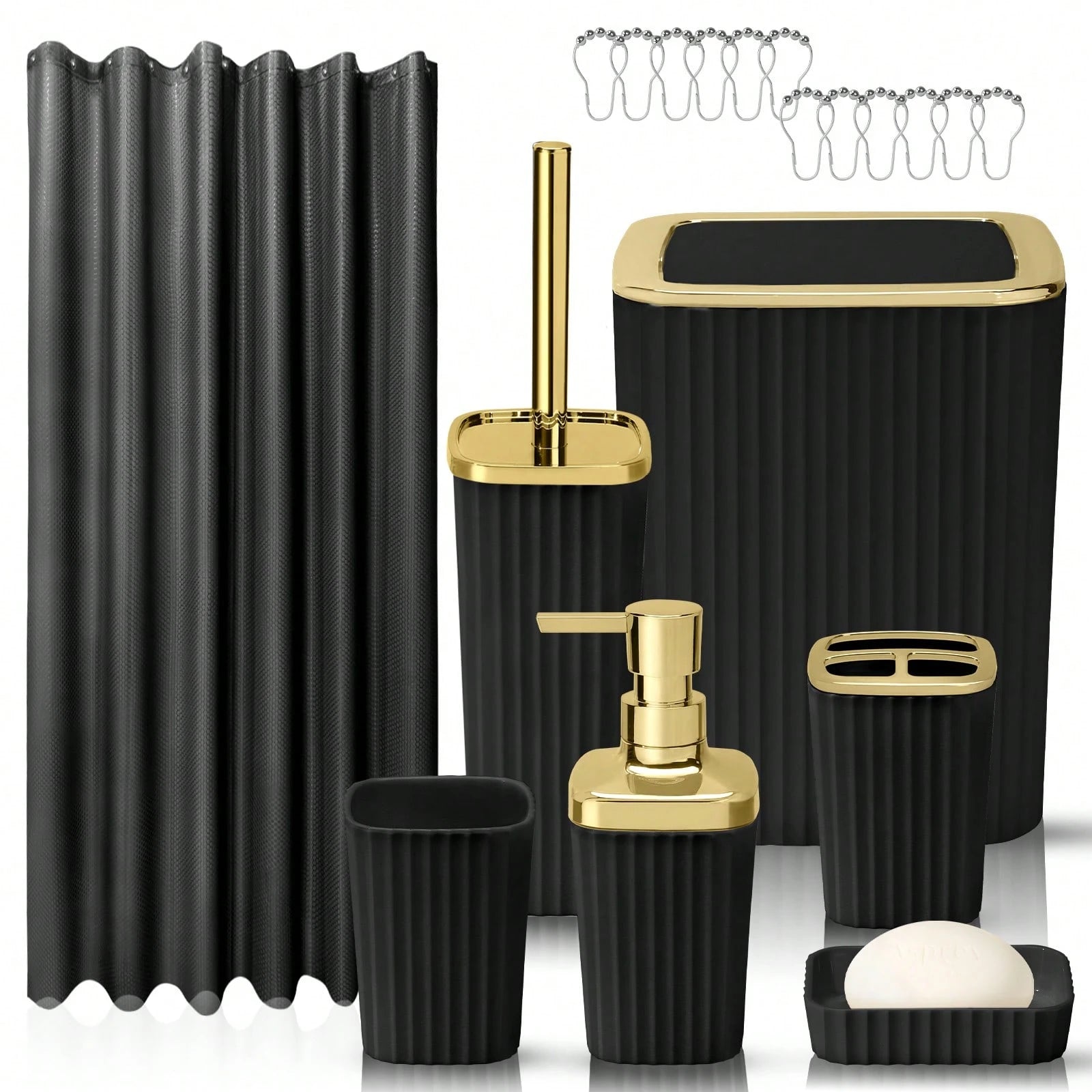 8pcs Bathroom Sets With Shower Curtain-Shower Curtain,Bathroom Trash Can,Toilet Brush,Soap Dispenser,Toothbrush Holder,Mouthwash Cup,Soap Dish,Hooks-Easy To Clean, Space Saving, High-Quality-Ideal G
