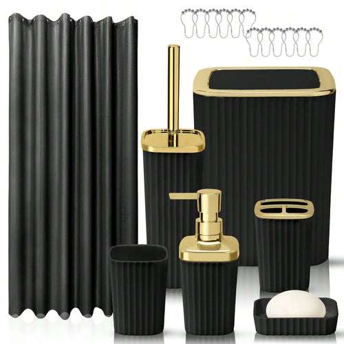 8pcs Bathroom Sets With Shower Curtain-Shower Curtain,Bathroom Trash Can,Toilet Brush,Soap Dispenser,Toothbrush Holder,Mouthwash Cup,Soap Dish,Hooks-Easy To Clean, Space Saving, High-Quality-Ideal G