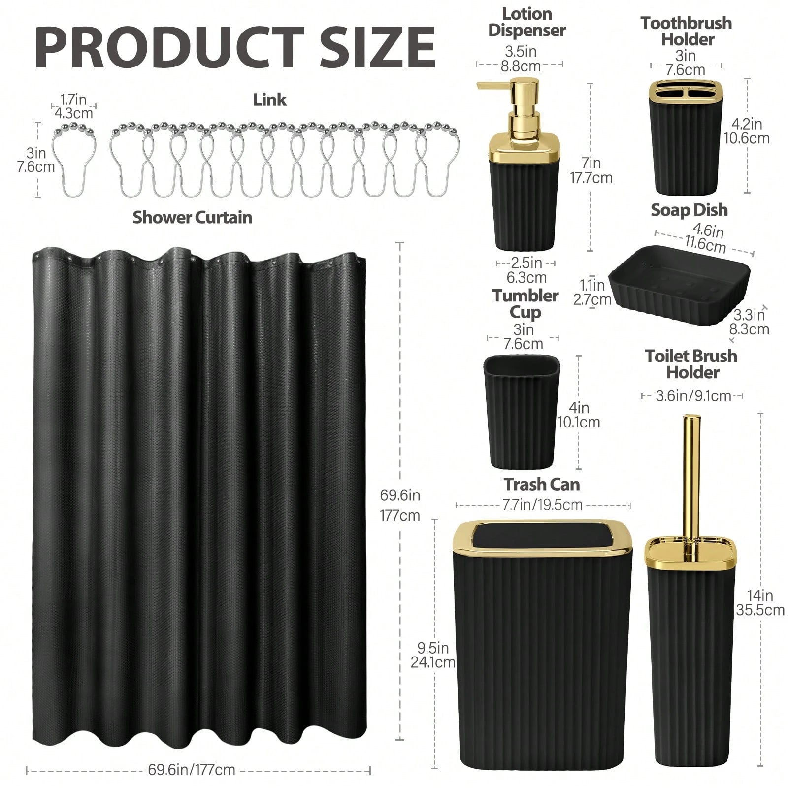 8pcs Bathroom Sets With Shower Curtain-Shower Curtain,Bathroom Trash Can,Toilet Brush,Soap Dispenser,Toothbrush Holder,Mouthwash Cup,Soap Dish,Hooks-Easy To Clean, Space Saving, High-Quality-Ideal G