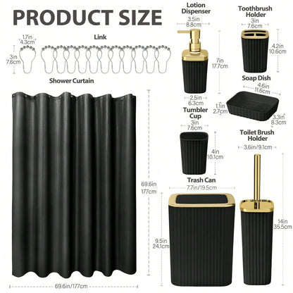 8pcs Bathroom Sets With Shower Curtain-Shower Curtain,Bathroom Trash Can,Toilet Brush,Soap Dispenser,Toothbrush Holder,Mouthwash Cup,Soap Dish,Hooks-Easy To Clean, Space Saving, High-Quality-Ideal G